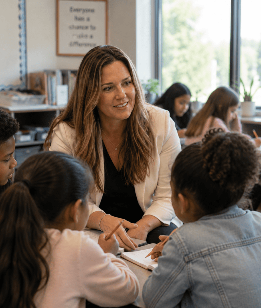 Educator talking with diverse group of children.
