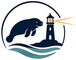 Lighthouse shining light by manatee